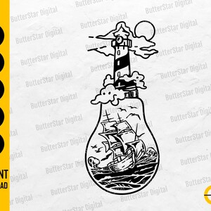 May include: Black and white digital illustration of a lighthouse, ship, and ocean scene inside a lightbulb shape. The lighthouse is at the top, with a ship sailing on the waves below. The words "INSTANT DOWNLOAD" are also visible.