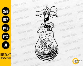Lighthouse Light Bulb SVG | Sailor SVG | Sea T-Shirt Decal Sticker Graphics | Cricut Cut File Clipart Vector Digital Download Png Eps Dxf Ai