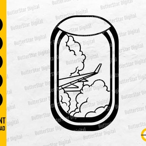 May include: Black and white digital design of an airplane wing visible through a stylized airplane window, with clouds in the background. The design includes the text "SVG, DXF, PNG, EPS, AI" and "INSTANT DOWNLOAD".