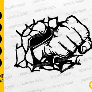 Puede incluir: Gráfico en blanco y negro de un puño cerrado rompiendo una pared. La imagen incluye el texto "SVG, DXF, PNG, EPS, AI" y "DESCARGA INSTANTÁNEA". Diseño de ButterStar Digital.
