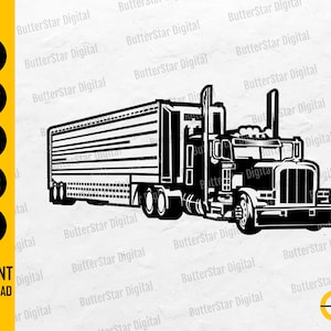 Puede incluir: Ilustración en blanco y negro de un camión con remolque. La imagen incluye el texto "SVG, DXF, PNG, EPS, AI" y "DESCARGA INSTANTÁNEA". El camión está detallado con ruedas, cabina y remolque.