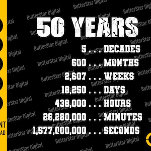 50. Geburtstag SVG | 5 Jahrzehnte SVG | 50. Geburtstag Geschenkideen | 50. Geburtstag T-Shirt | Jahre Monate Wochen Tage Stunden Minuten | Schneidedateien