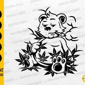 May include: Black and white graphic of a bear smoking a rolled cigarette, surrounded by cannabis leaves. The image includes the text "SVG, DXF, PNG, EPS, AI" and "INSTANT DOWNLOAD".