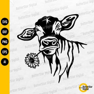 Winking Cow With Flower SVG | Milk Dairy Grass Herd Meat Beef Heifer Muzzle | Cricut Cut File Cuttable Vector Clipart Digital Dxf Png Eps Ai