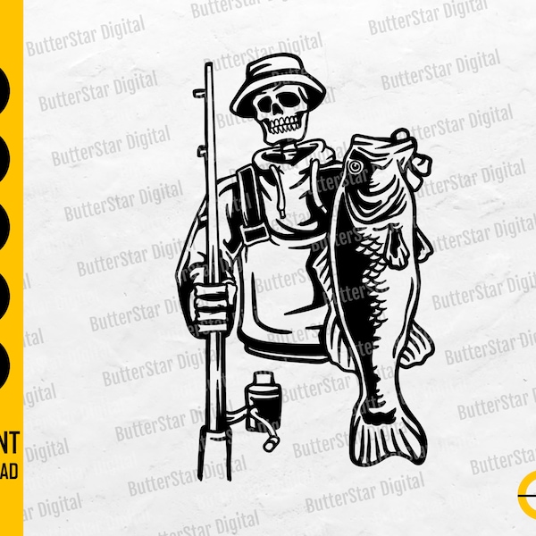 Skeleton Fisherman SVG | Skull Fishing SVG | Angling T-Shirt Vinyl Stencil Graphics | Cricut Cut File Clip Art Vector Digital Dxf Png Eps Ai