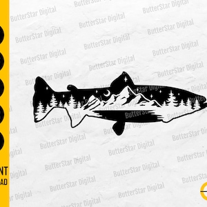 May include: Black silhouette of a fish with a mountain and forest scene inside. The image includes the words "SVG, DXF, PNG, EPS, AI" and "INSTANT DOWNLOAD". The design is by ButterStar Digital.