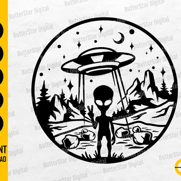 Extraterrestre sous la lune SVG | Graphiques d'autocollant de pochoir de décalque de T-shirt de monstre | Cricut Cut File Silhouette Clipart Vector Digital Dxf Png Eps Ai