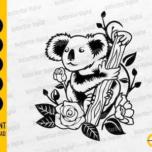 Cute Koala SVG | Koala Bear With Flowers SVG | Animal Decal Shirt Graphics | Cricut Cut File Printable Clipart Vector Digital Dxf Png Eps Ai