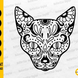 May include: Black and white cat face design with intricate floral and geometric patterns, reminiscent of sugar skull art. The image includes the text "SVG, DXF, PNG, EPS, AI" and "INSTANT DOWNLOAD".