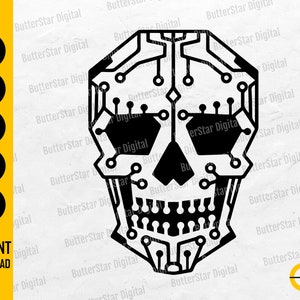 May include: A black and white digital illustration of a skull, designed with a circuit board pattern. The image includes the text "SVG", "DXF", "PNG", "EPS", and "AI" on the left side, and "INSTANT DOWNLOAD" at the bottom, all in a sans-serif font.