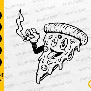 Puede incluir: Ilustración de dibujos animados en blanco y negro de una porción de pizza con cara, fumando un cigarrillo. La imagen incluye el texto "INSTANT DOWNLOAD" e iconos de tipo de archivo SVG, DXF, PNG, EPS y AI.