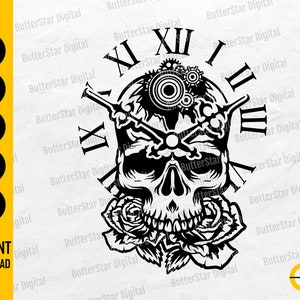 Könnte beinhalten: Schwarz-weißes digitales Design mit einem Totenkopf mit Uhrzeigern, römischen Ziffern und Zahnrädern. Rosen befinden sich am unteren Ende des Schädels. Das Design enthält den Text "INSTANT DOWNLOAD" und Dateityp-Symbole.