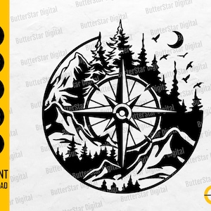Könnte beinhalten: Schwarz-weiße Grafik einer Windrose, eingebettet in eine Berg- und Waldszene, mit einem Mond und Vögeln. Das Design enthält die Wörter "SVG", "DXF", "PNG", "EPS", "AI" und "INSTANT DOWNLOAD".
