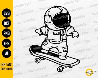 Astronaute de l'espace mignon chevauchant une planche à roulettes SVG | Autocollant de chemise pour enfants | Cricut Silhouette Imprimable Clip Art Vecteur Numérique Dxf Png Eps Ai