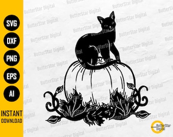 Black Cat On Pumpkin SVG / Halloween SVG / Spooky SVG / Cat Svg / Cricut Cut File Silhouette Printable Clipart Vector Digital Dxf Png Eps Ai