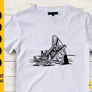 May include: White t-shirt featuring a black graphic of a skeleton relaxing in a beach chair with a surfboard. The skeleton is holding a bottle. The words "SVG, DXF, PNG, EPS, AI" are on the left side of the shirt. The words "INSTANT DOWNLOAD" are below.