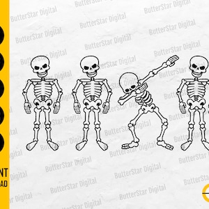 May include: Four black and white skeleton illustrations, one dabbing. The image includes the text "SVG, DXF, PNG, EPS, AI" and "INSTANT DOWNLOAD".