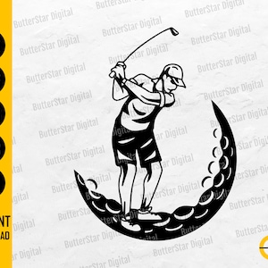 Puede incluir: Gráfico en blanco y negro de un golfista en pleno swing, dentro de la forma de una pelota de golf. Incluye el texto "SVG, DXF, PNG, EPS, AI" y "INSTANT DOWNLOAD". Ideal para proyectos digitales.