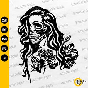 Floral Woman Skull SVG | Skeleton Girl Flowers SVG | Gothic T-Shirt Illustration | Cricut Silhouette Clip Art Vector Digital Dxf Png Eps Ai