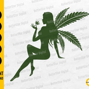 Puede incluir: Una silueta verde de un hada con alas de hojas de cannabis y sosteniendo una hoja de cannabis. La imagen incluye el texto "SVG, DXF, PNG, EPS, AI" y "INSTANT DOWNLOAD".