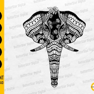 May include: Black and white elephant head design with intricate patterns. The image includes the text "SVG, DXF, PNG, EPS, AI" and "INSTANT DOWNLOAD". The design is from ButterStar Digital.
