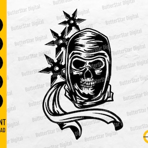 May include: Black and white digital graphic of a skull wearing a ninja mask, with three shuriken stars. The image includes the text "SVG, DXF, PNG, EPS, AI" and "INSTANT DOWNLOAD".