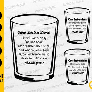May include: Black and white line art of three drinking glasses with care instructions. The instructions include hand wash only, do not soak, not dishwasher safe, not microwave safe, avoid extreme heat, and handle with care.