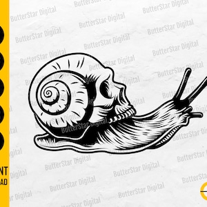 May include: Black and white illustration of a snail with a skull-shaped shell. The snail's body is detailed with textured lines, and the image includes the text "SVG, DXF, PNG, EPS, AI" and "INSTANT DOWNLOAD".