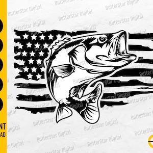 May include: Black and white graphic of a largemouth bass superimposed over a distressed American flag. The design includes the text "SVG, DXF, PNG, EPS, AI, INSTANT DOWNLOAD" and the ButterStar Digital logo.