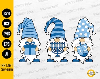 Hanukkah Gnomes SVG | Chanukah | Cute Gnome With Menorah Dreidel Gift | Cricut Silhouette | Printable Clipart Vector Digital Dxf Png Eps Ai