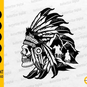 Indian Skull SVG | Village Chief Head Dress Feathers Tribe Tattoo T-Shirt Vinyl Decal | Cutting Files Clipart Vector Digital Png Eps Dxf Ai