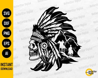 Indian Skull SVG | Village Chief Head Dress Feathers Tribe Tattoo T-Shirt Vinyl Decal | Cutting Files Clipart Vector Digital Png Eps Dxf Ai