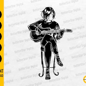 May include: Black and white digital illustration of a person seated and playing an acoustic guitar. The person is seated on a stool. The image includes the text "SVG, DXF, PNG, EPS, AI" and "INSTANT DOWNLOAD".
