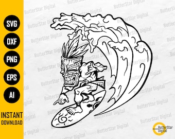 Tiki Man Surfing SVG | Tiki SVG | Surf Waves Fun Hawaiian Sea Ocean Surfboard | Cutting Files Cuttable Clipart Vector Digital Dxf Png Eps Ai