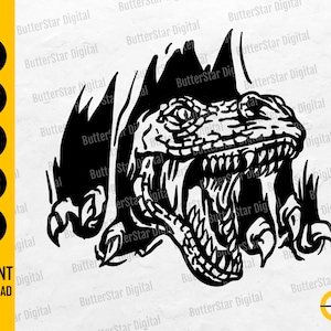 May include: A monochrome graphic depicting a dinosaur head breaking through a ripped background. The image features file type icons for SVG, DXF, PNG, EPS, and AI, plus the words "INSTANT DOWNLOAD".