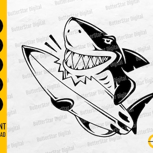 May include: Black and white graphic of a shark with a surfboard. The shark has sharp teeth and is smiling. The image includes the text "SVG, DXF, PNG, EPS, AI" and "INSTANT DOWNLOAD".