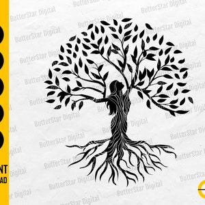 May include: Black and white digital art of a tree with a woman's silhouette integrated into the trunk and branches. The tree has large roots and a full canopy of leaves. Text on the left side reads "SVG, DXF, PNG, EPS, AI" and "INSTANT DOWNLOAD".