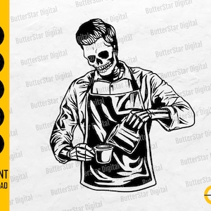May include: A monochrome digital illustration of a skeleton barista pouring coffee into a cup. The skeleton is wearing an apron and shirt. The image includes the text "INSTANT DOWNLOAD" and file type options: SVG, DXF, PNG, EPS, and AI.