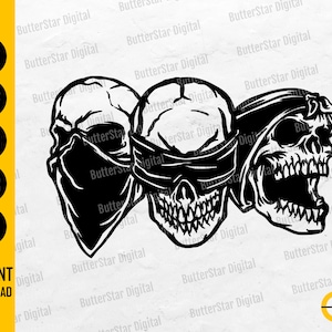 Bandana Skulls SVG | Three Wise Monkeys SVG | See No Evil Hear No Evil Speak No Evil | Cricut Cut File Clipart Vector Digital Dxf Png Eps Ai