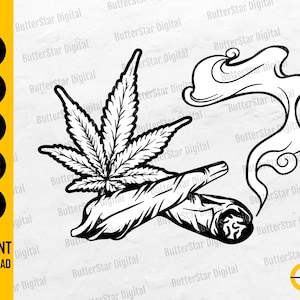 May include: Monochrome illustration featuring a cannabis leaf, a lit joint, and smoke. The image includes the text "INSTANT DOWNLOAD" and file type abbreviations: SVG, DXF, PNG, EPS, and AI.