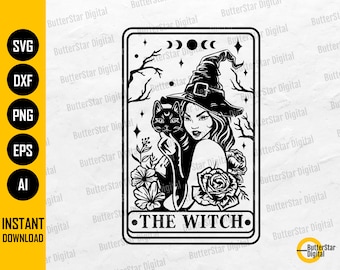 Le Tarot de la Sorcière SVG | Mignon Halloween T-Shirt Décalcomanies Autocollants Cadeaux Graphiques | Cricut Cut File Imprimable Clipart Vector Digital Dxf Png Eps Ai