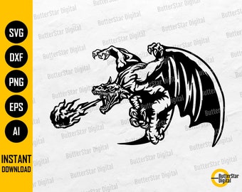 Fire Breathing Dragon SVG | Fantasy SVG | Mythical Animal SVG | Cricut Cut File Silhouette Printables Clip Art Vector Digital Dxf Png Eps Ai