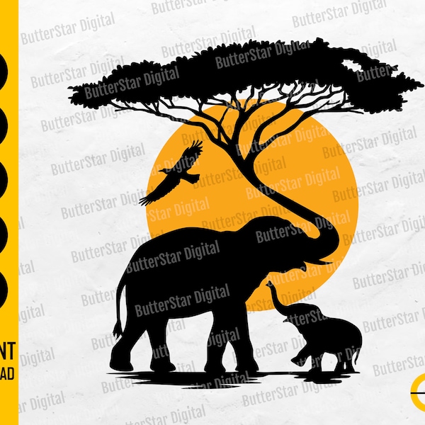 Elephant Tree Trunk SVG | Africa SVG | Morning Sun Sunrise Afternoon Sunset | Cricut Cutfile Printable Clipart Vector Digital Dxf Png Eps Ai