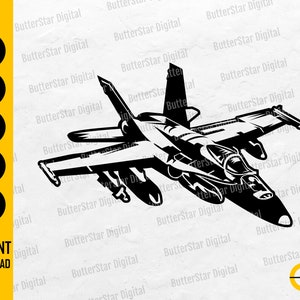 May include: A monochrome vector graphic of a jet fighter. The image features the text "SVG, DXF, PNG, EPS, AI" and "INSTANT DOWNLOAD". The jet is depicted with detailed wings, tail, and undercarriage, including a visible cockpit.