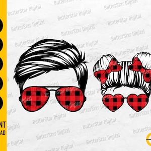 May include: Black and white graphic of a couple with matching sunglasses. The man has black hair and aviator-style sunglasses with a red and black plaid pattern. The woman has her hair up in a bun with a bow and heart-shaped sunglasses with the same plaid pattern.