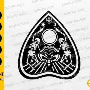 May include: Black and white Ouija board design featuring two skeletons, a moth, and celestial symbols. The board has a circular opening and the text "INSTANT DOWNLOAD". The design is a digital file.
