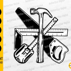 May include: Black and white illustration of carpentry tools, including a hammer, saw, ruler, and square. The image also includes the text "INSTANT DOWNLOAD" and file type icons for SVG, DXF, PNG, EPS, and AI.