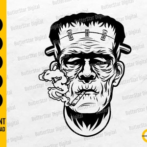 Op de afbeelding: Zwart-wit illustratie van Frankenstein's monster dat een sigaret rookt. De afbeelding bevat de tekst "SVG, DXF, PNG, EPS, AI" en "INSTANT DOWNLOAD". Dit is een digitaal ontwerp.