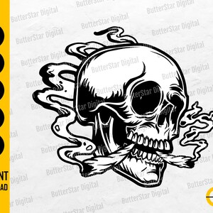 May include: A monochrome illustration of a skull smoking a cigarette, with smoke swirling around it. The image includes the text "SVG, DXF, PNG, EPS, AI" and "INSTANT DOWNLOAD".