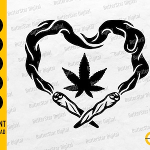 May include: Black graphic design featuring a heart shape formed by smoke, enclosing a cannabis leaf and two crossed joints. The image includes file type icons and the words "INSTANT DOWNLOAD".